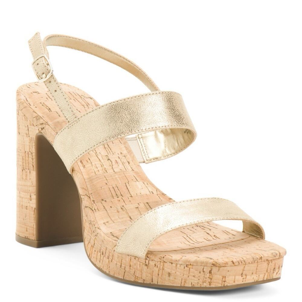 Anne Klein Women's Zaya Block Heel Sandals 4.5" Platinum Ankle Strap Size 10 NWB